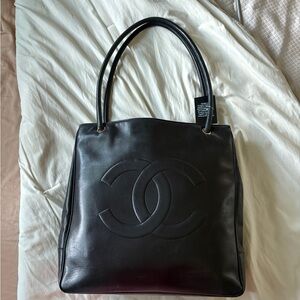 Vintage Chanel CC Shopping Black Leather Tote Bag